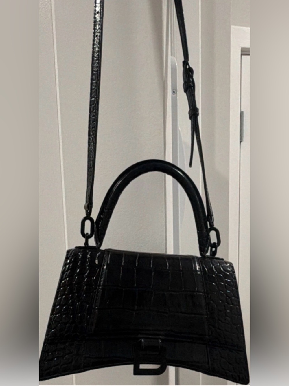 Balenciaga Black Croc-Embossed Top Handle Crossbody Bag
